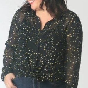 Cabi Women's Top Blouse Size Large Black Yellow Star Print Sheer Long Sleeve Lg